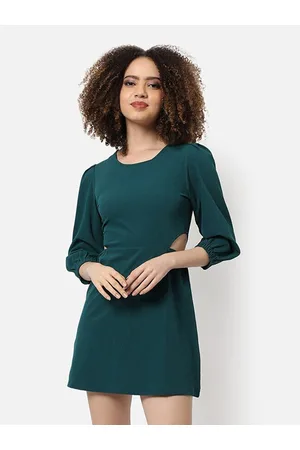 Campus Green Cuffed Sleeves Cut-Out Detailed Cotton Sheath Mini Dress