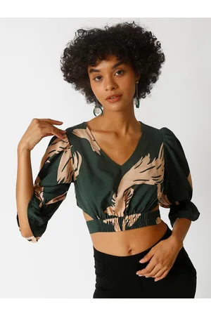 Campus Floral Printed Puff Sleeves Blouson Crop Top
