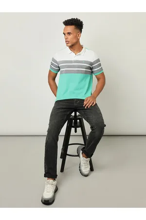 Lee Men Green Striped Polo Collar Pockets Slim Fit T-shirt