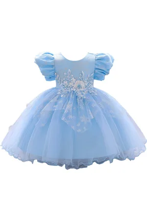 Stylecast Girls Blue Embellished Puff Sleeve Cotton Fit & Flare Dress
