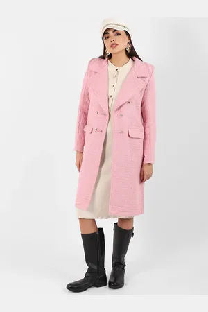 Campus Pink Self Design Double-Breasted Notched Lapel Longline Overcoat