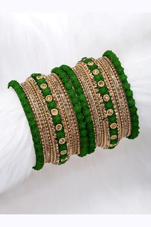 Peora Set of 18 Green Gold Plated Bridal Floral Chuda Bangles