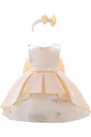 Stylecast Girls Champagne-Coloured Embellished Pleated Balloon Dress with Hairband