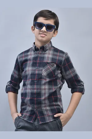 Crimsoune Club Boys Classic Slim Fit Tartan Checked Button Down Collar Casual Shirt