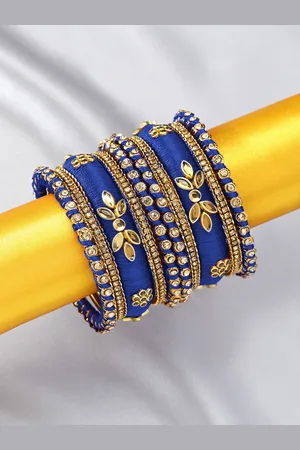 Peora Women 10Pcs Gold-Plated Stone Studded Silk Threaded Bangles