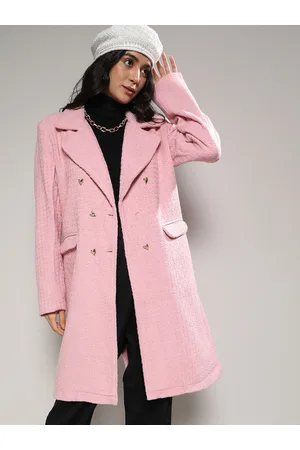 Campus Pink Self Design Notched Lapel Collar Longline Trench Coat