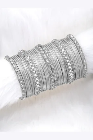 Peora Set of 34 Silver Plated Diamond Metal Chuda Bangles