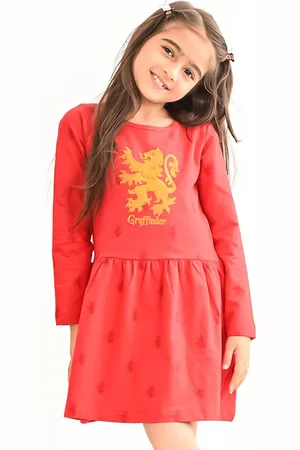BONKIDS Girls Harry Potter Printed Long Sleeve Cotton A-Line Pleated Dress