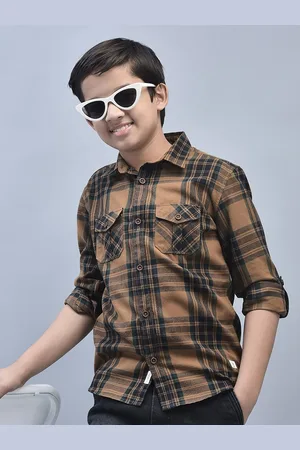 Crimsoune Club Boys Classic Slim Fit Tartan Checked Spread Collar Casual Shirt