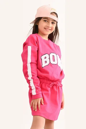 BONKIDS Girls Typography Printed Long Sleeve Cotton T-shirt Dress
