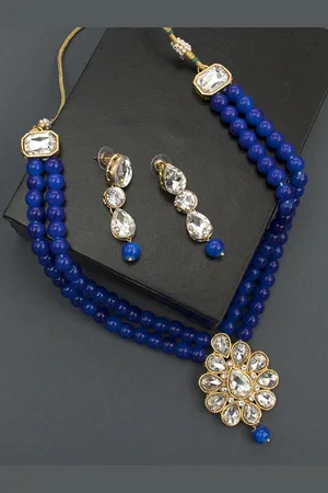 Peora Blue Gold-Plated Kundan Studded & Beaded Jadau Jewellery Set