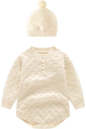 Stylecast Off White Infant Kids Knitted Cotton Rompers With Beanie