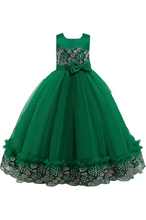 Stylecast Girls Green Self Design Sleeveless Bow Gown Maxi Dress