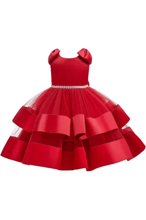 Stylecast Red Girls Sleeveless Net Beads Detail Bow Layered Maxi Dress