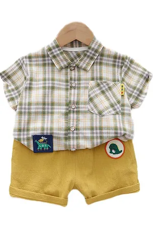 Stylecast Kids Green Checked Shirt Collar Pure Cotton Shirt With Short