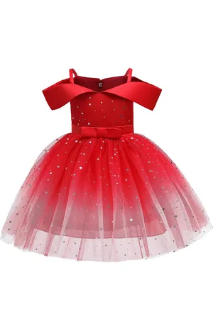 Stylecast Girls Red Embellished Shoulder Straps Cold Shoulder Bow Fit & Flare Midi Dress