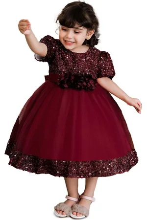 Stylecast Maroon Girls Embellished Puff Sleeves Fit & Flare Midi Dress