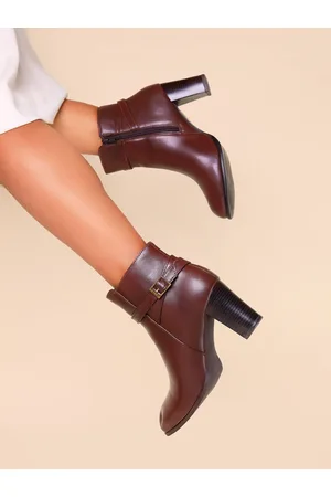 MONROW Brown PU Block Heeled Boots with Buckles