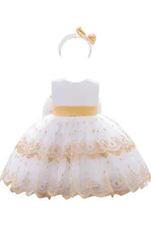 Stylecast Girls White & Brown Floral Embroidered Balloon Mini Dress With Hairband