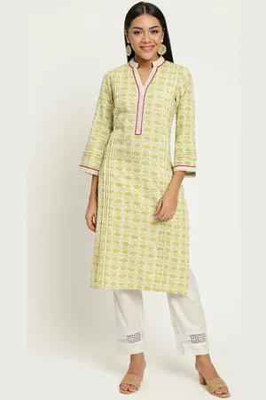 BE INDI Women Mandarin Collar Floral Straight Side Slits Regular Kurta