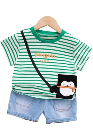 Stylecast Kids Green & Blue Striped Pure Cotton T-shirt with Shorts
