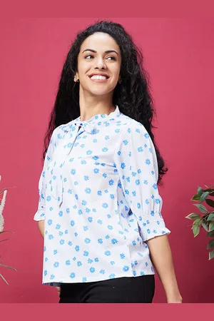 Globus White Floral Printed Tie-Up Neck Puffed Sleeves Top