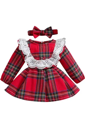 Stylecast Girls Red Checked Lace Inserted Cotton Fit & Flare Mini Dress with Hairband