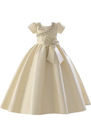Stylecast Beige Girls Puff Sleeves Beads & Bow Gown Maxi Dress