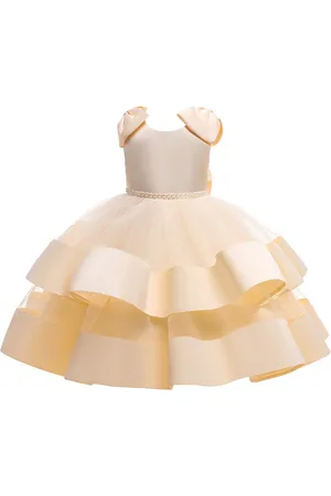 Stylecast Girls Beige Embellished Layered Net Fit & Flare Midi Dress
