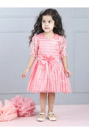Cutiekins Girls Floral Printed Puff Sleeve Net Bow Fit & Flare Dress