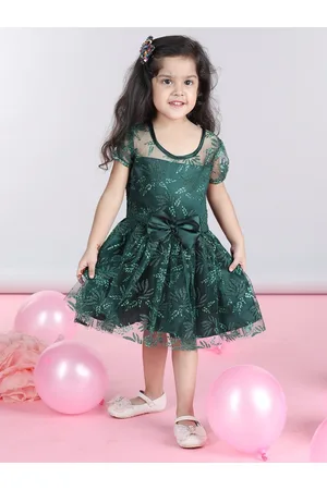 Cutiekins Girls Embellished Puff Sleeve Net Bow Fit & Flare Dress