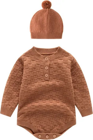 Stylecast Brown Infant Kids Knitted Cotton Romper With Beanie