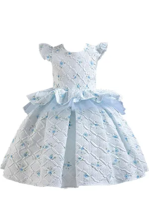 Stylecast Girls White & Blue Self Design Maxi Dress