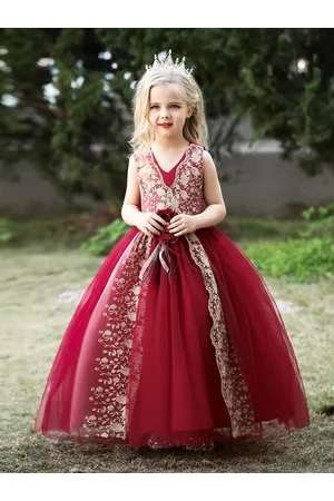 Stylecast Girls Maroon Floral Embroidered Layered Maxi Gown Dress