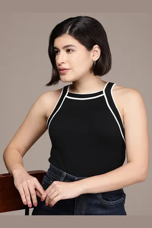 French Connection Solid Pure Cotton Sleeveless Fitted Top