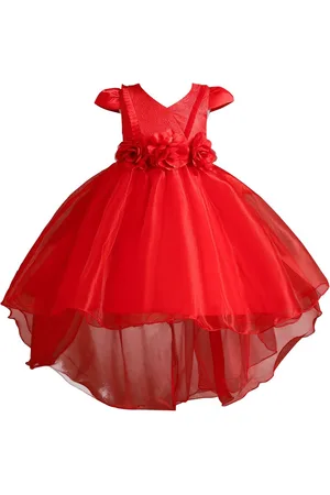 Stylecast Girls Red Floral Self Design V-Neck Cap Sleeves Applique Balloon Midi Dress