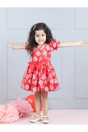 Cutiekins Girls Floral Printed Puff Sleeves V-Neck Net Fit & Flare Dress