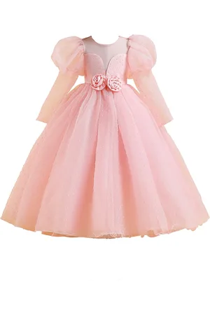 Stylecast Pink Girls Round Neck Puff Sleeves Corsage Detail Fit & Flare Maxi Dress
