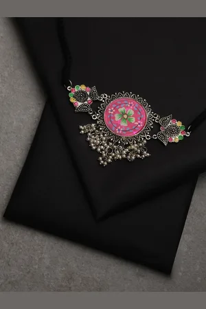Fida Pink & Green Silver-Plated Oxidised Necklace