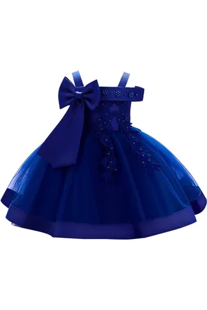 Stylecast Girls Navy Blue Embellished Shoulder Straps Bow Detail Balloon Dress