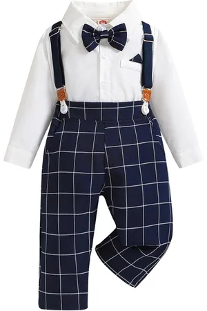 Stylecast Boys Navy Blue & White Checked Shirt With Trousers & Suspenders