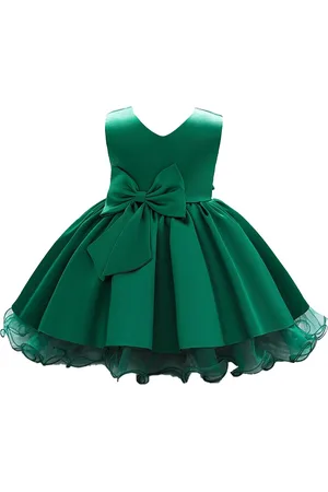 Stylecast Girls Green V-Neck Bow Gathered Balloon Midi Dress