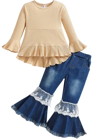 Stylecast Girls Blue & Beige Self Design Bell Sleeves Top With Flared Jeans