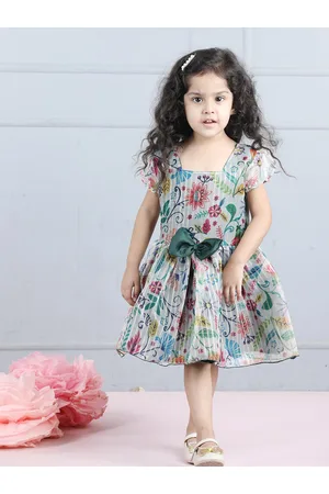 Cutiekins Girls Floral Printed Puff Sleeve Bow Fit & Flare Dress