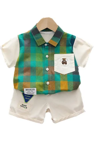 Stylecast Kids Green Checked Pure Cotton Shirt with Shorts