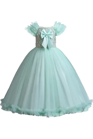 Stylecast Girls Green Square Neck Flutter Sleeves Bow Maxi Dress