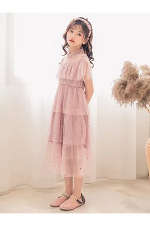 Stylecast Girls Pink Embellished High Neck Ruffled Fit & Flare Midi Dress
