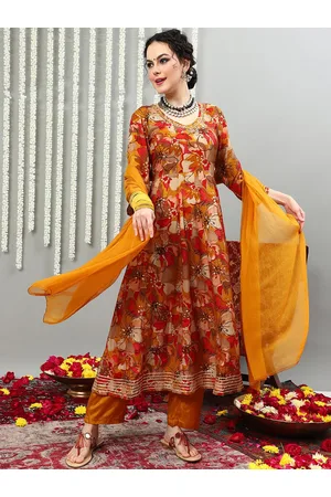 Sangria Mustard Yellow Floral Printed Sequinned Kurta With Trousers & Dupatta