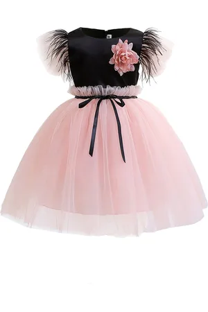 Stylecast Girls Black & Pink Puff Sleeves Bow Tulle Fit & Flare Dress