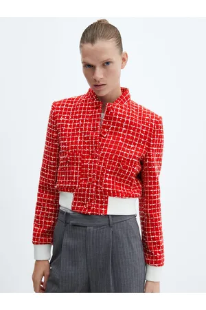 MANGO Tweed Checked Bomber Jacket